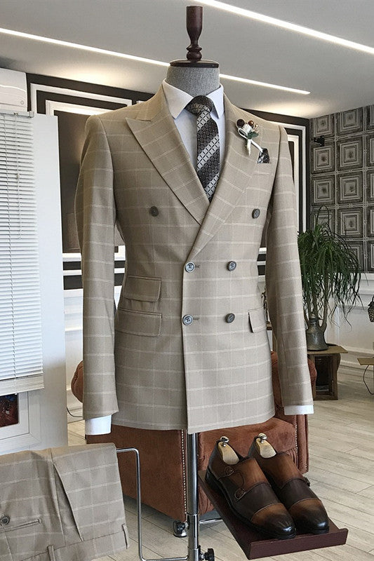 Bryant Light Khaki Plaid Peaked Lapel Business Suit