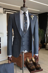 Bertrand Deep Gray Three-Piece Peaked Lapel Business Suit