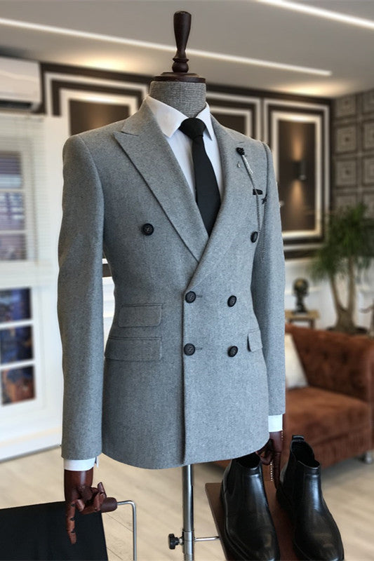 Gray Double-Breasted Peaked Lapel Business Suit