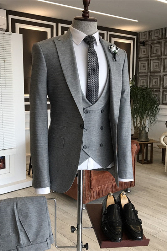 Deep Gray Three-Piece Peaked Lapel Business Suit