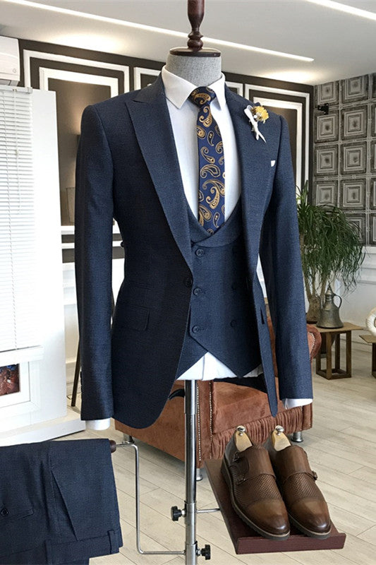 Campbell Navy Blue Three-Piece Peaked Lapel Business Suit