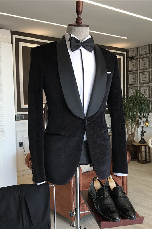 Colbert Bespoke Black Shawl Lapel 2-Piece Velvet Suit for Wedding