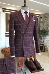 Bruno Stylish Wine Peaked Lapel Plaid Men's Business Suit