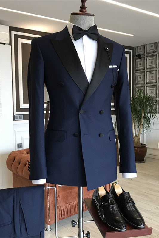 Navy Blue Double-Breasted Peaked Lapel Business Suit