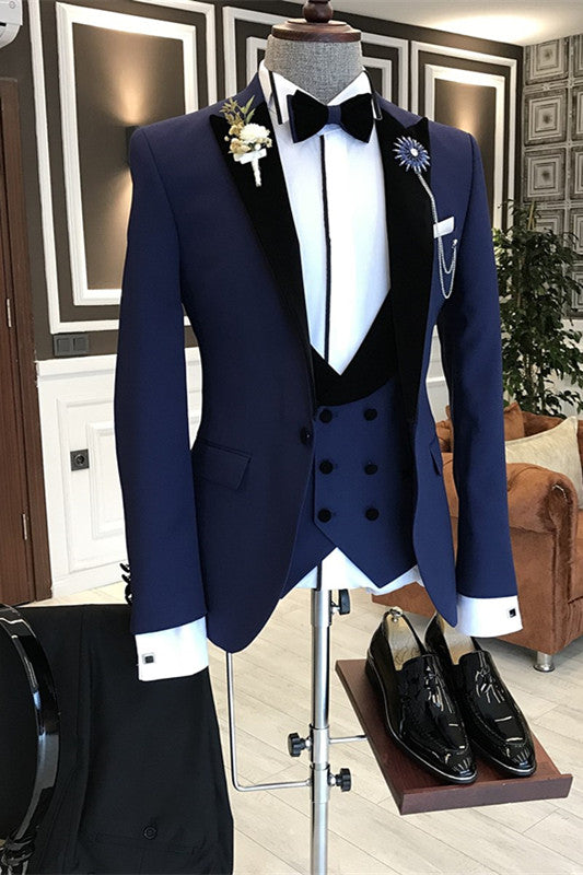 Devin Navy Blue 3-Piece Bespoke Business Suit with Black Peaked Lapel