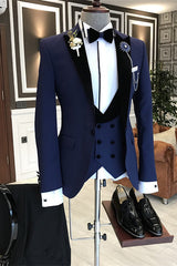 Devin Navy Blue 3-Piece Bespoke Business Suit with Black Peaked Lapel