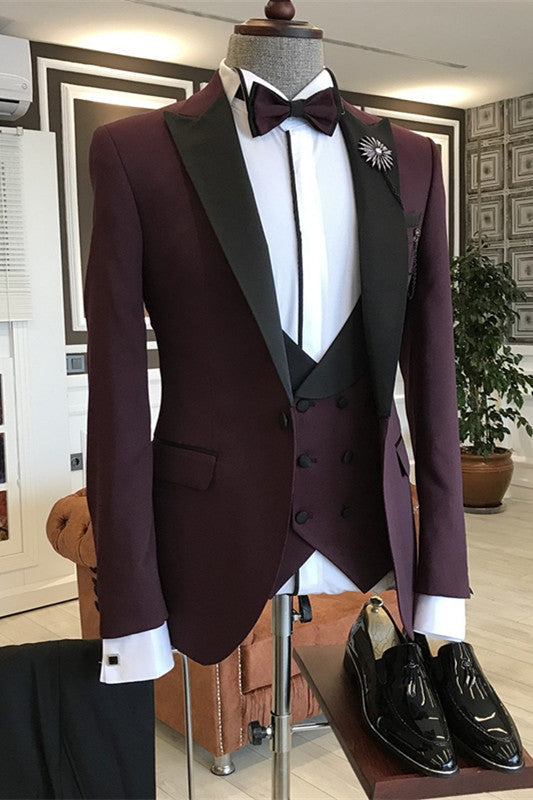 Dominic Deep Wine 3-Piece Glamorous Business Suit with Black Peaked Lapel