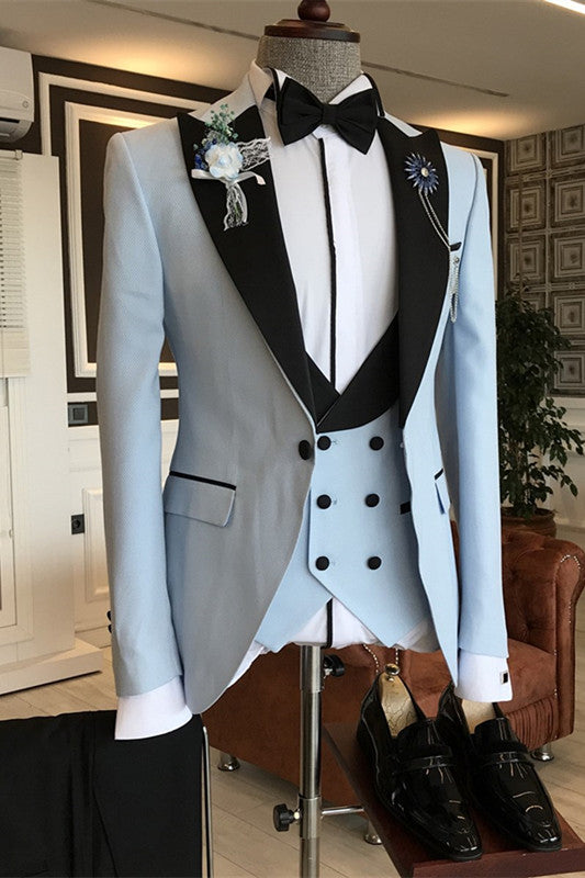 Don Light Blue Three-Piece Close-Fitting Peaked Lapel Prom Suit