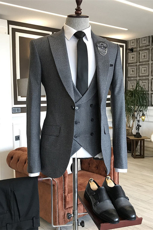 Slate Gray Three-Piece Peaked Lapel Business Suit