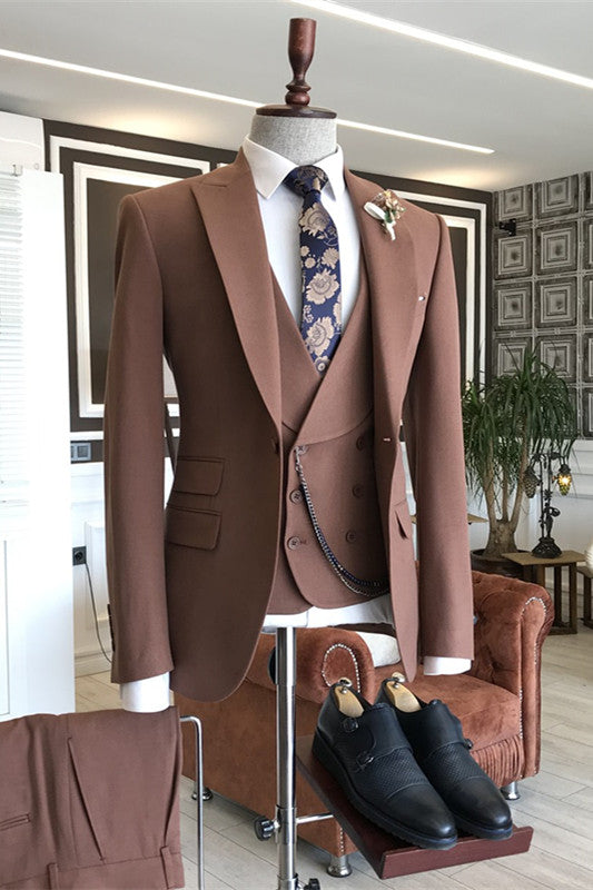 Francis Fancy Coffee Peaked Lapel 3-Piece Business Suit