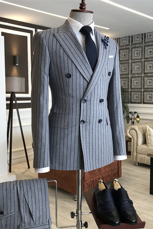 Frederic Gray Striped Peaked Lapel Double Breasted Business Suit