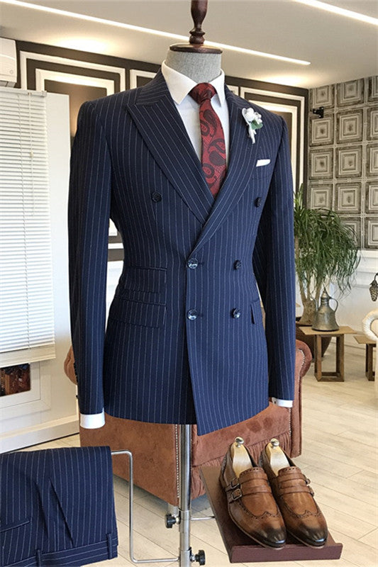 Freddie Fancy Deep Blue Peaked Lapel Double Breasted Striped Business Suit