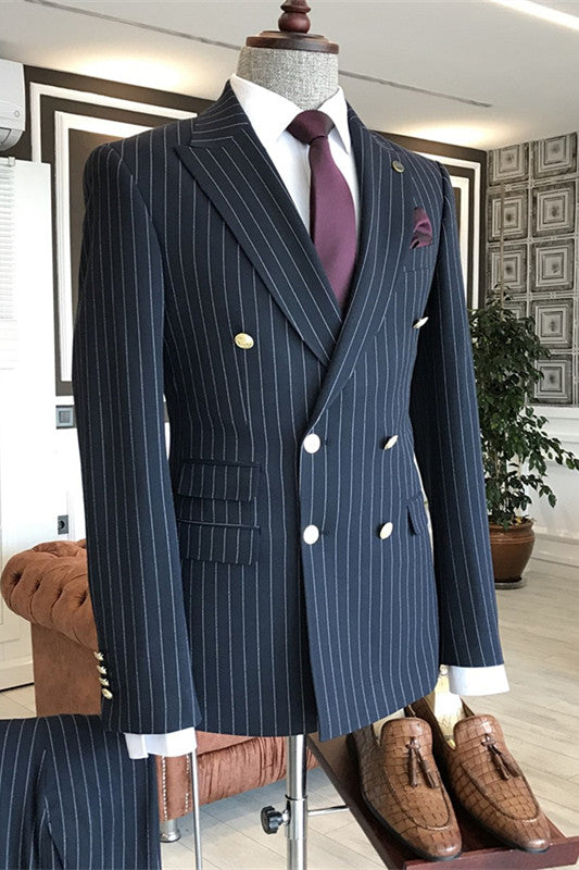 Geoff Navy Blue Double-Breasted Striped Peaked Lapel Business Suit