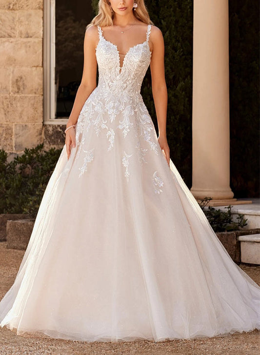 A-Line Gown Lace Wedding Dress With V-Neckline: