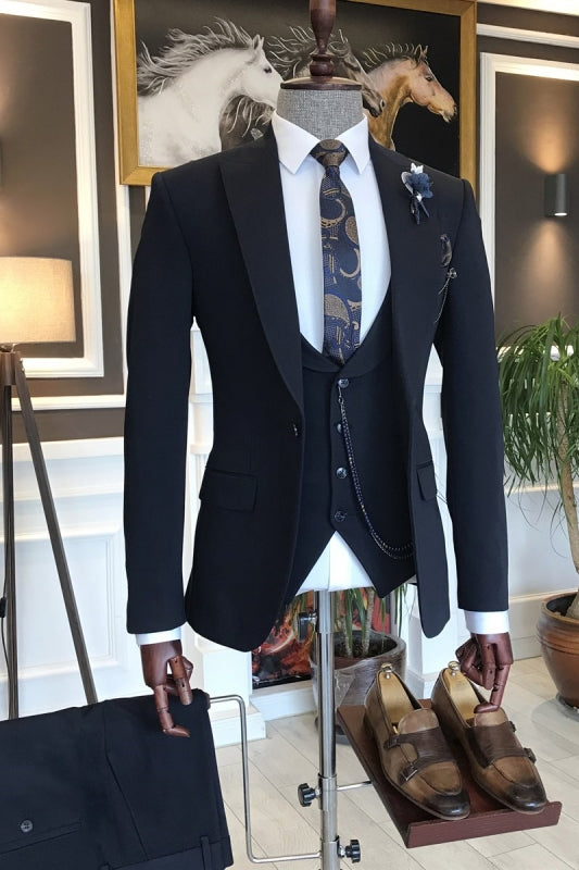 Grant Navy Blue Three-Piece Peaked Lapel Business Suit