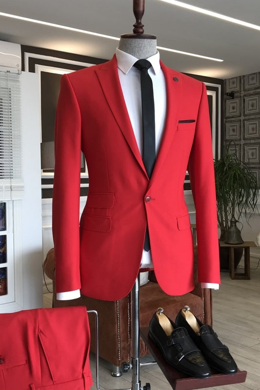 Red Two-Piece Peaked Lapel Prom Suit