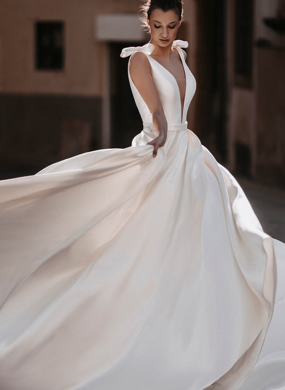 Sleek Ball-Gown Satin V-Neck Bridal Gowns