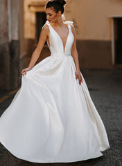 Sleek Ball-Gown Satin V-Neck Bridal Gowns