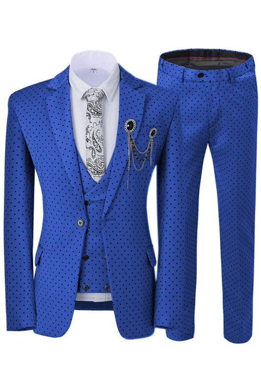 Royal Blue Three-Piece Notched Lapel Prom Suit with Black Dot