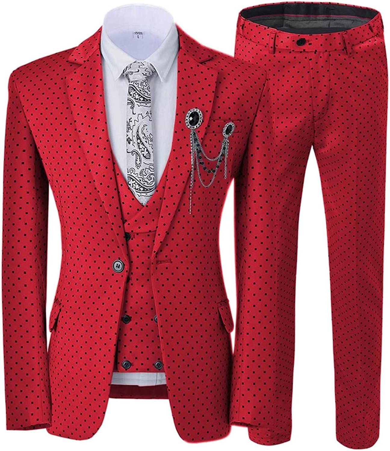 Ingram Glamorous Red Notched Lapel 3-Piece Prom Suit with Black Dot