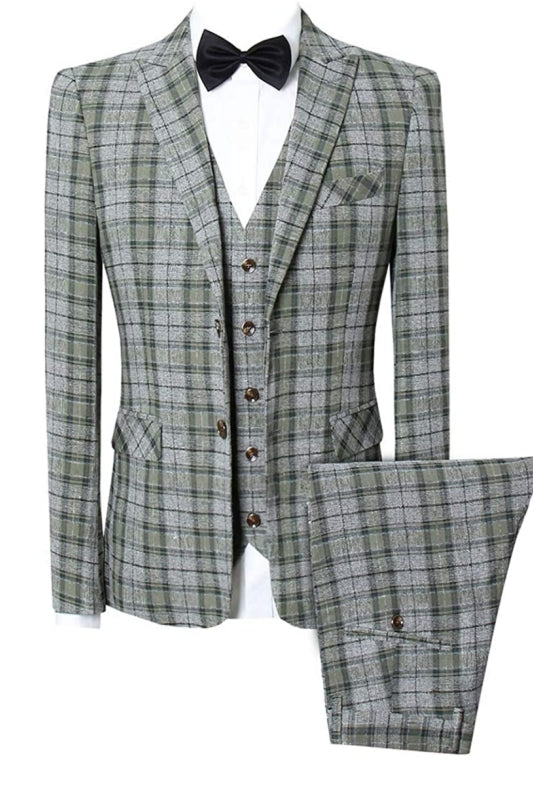 Joshua Green Plaid Peaked Lapel 3-Piece Bespoke Business Suit