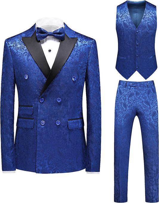 Jonas Newest Blue Jacquard Double Breasted 3-Piece Prom Suit