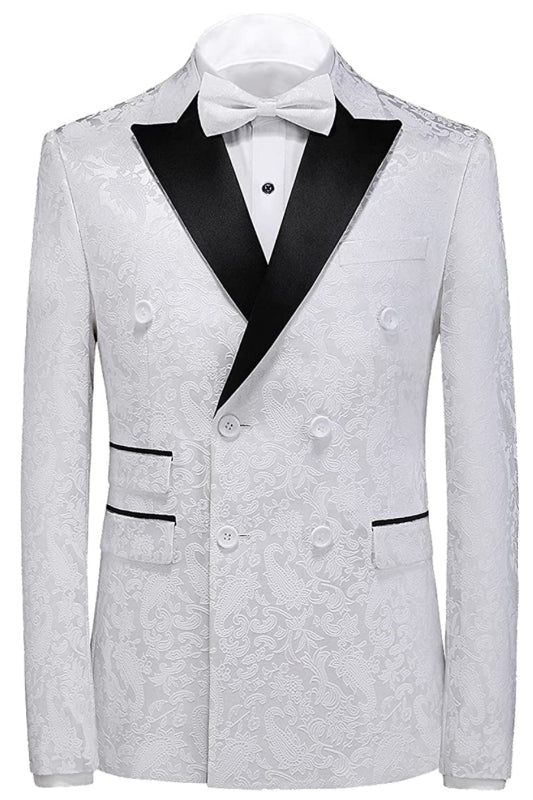 White Jacquard Three-Piece Double-Breasted Prom Suit