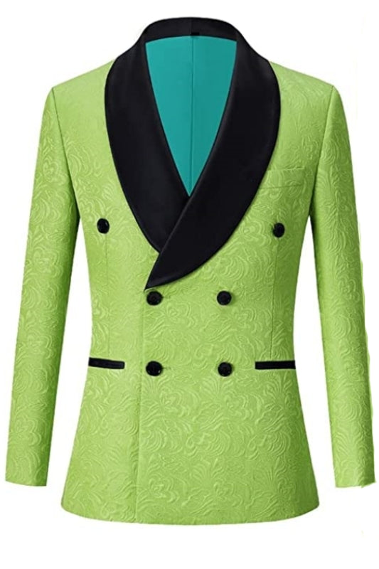 Louis Green Double-Breasted Jacquard Wedding Suit with Black Velvet Shawl Lapel