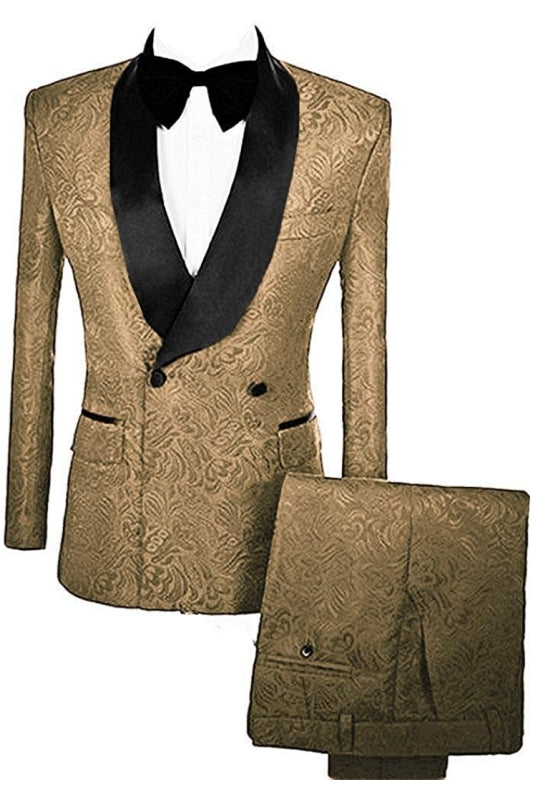 Mandel Deep Gold Double Breasted Jacquard Glamorous Wedding Suit with Velvet Lapel