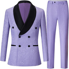 Lucas Purple Double-Breasted Jacquard Wedding Suit with Black Velvet Shawl Lapel