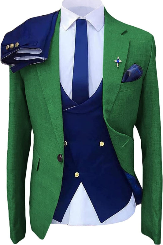 Green Three-Piece Notched Lapel Prom Suit