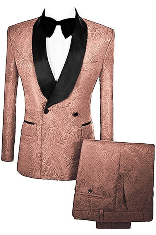 Mason Brown Double-Breasted Jacquard Wedding Suit with Velvet Lapel