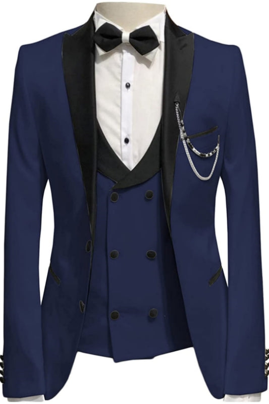 Michael Navy Blue Three-Piece Peaked Lapel Prom Suit