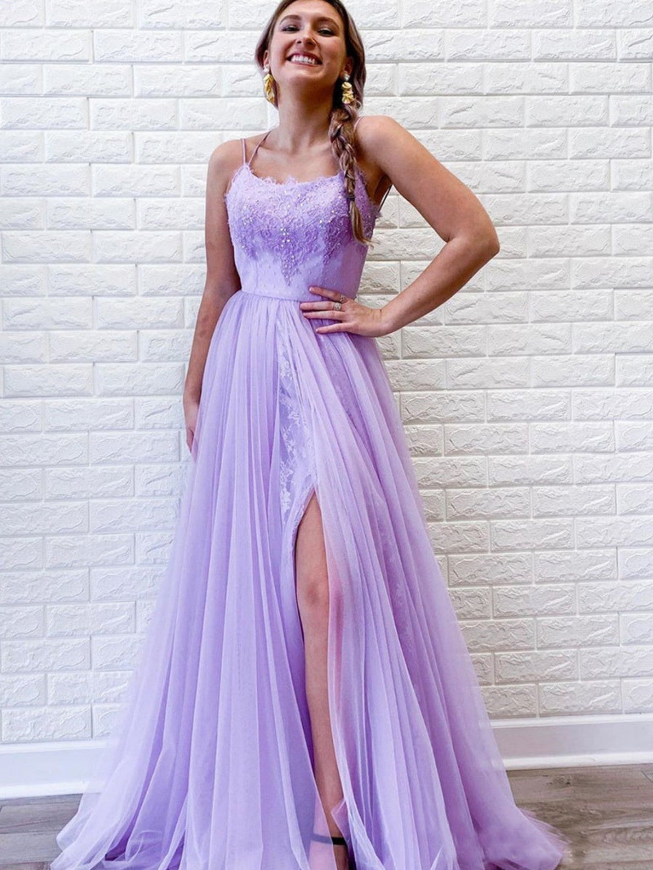 A Line Purple Backless Tulle Material Long Prom Dress