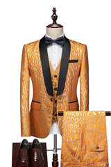 Richard Gold Shawl Lapel 3-Piece New Arrival Jacquard Wedding Suit