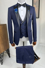 Ronald New Arrival Navy Blue Peaked Lapel 3-Piece Prom Suit for Men