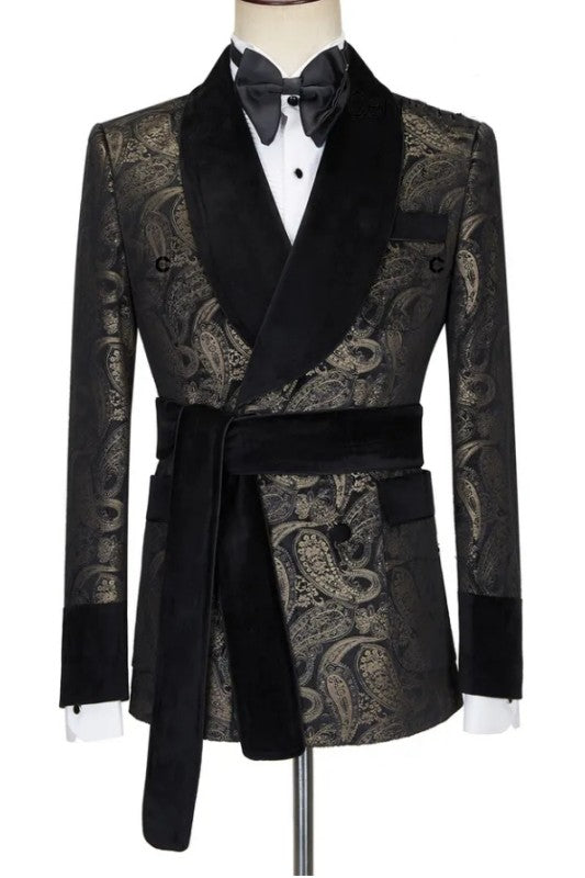 Scott Classic Black Shawl Lapel Double Breasted Jacquard Wedding Suit