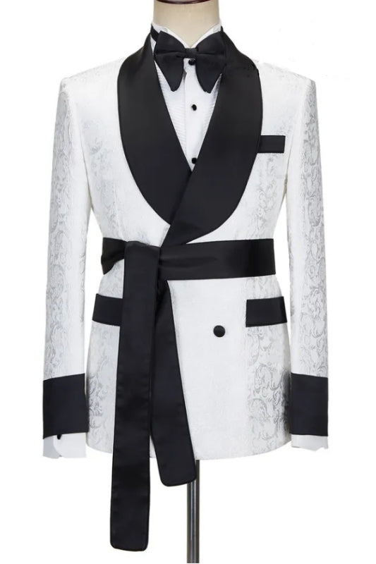 Sean Simple White Double Breasted Jacquard Wedding Suit with Black Shawl Lapel