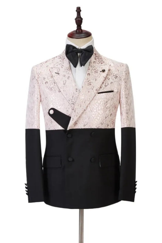 Simon New Arrival Light Pink Jacquard Peaked Lapel Double Breasted Prom Suit