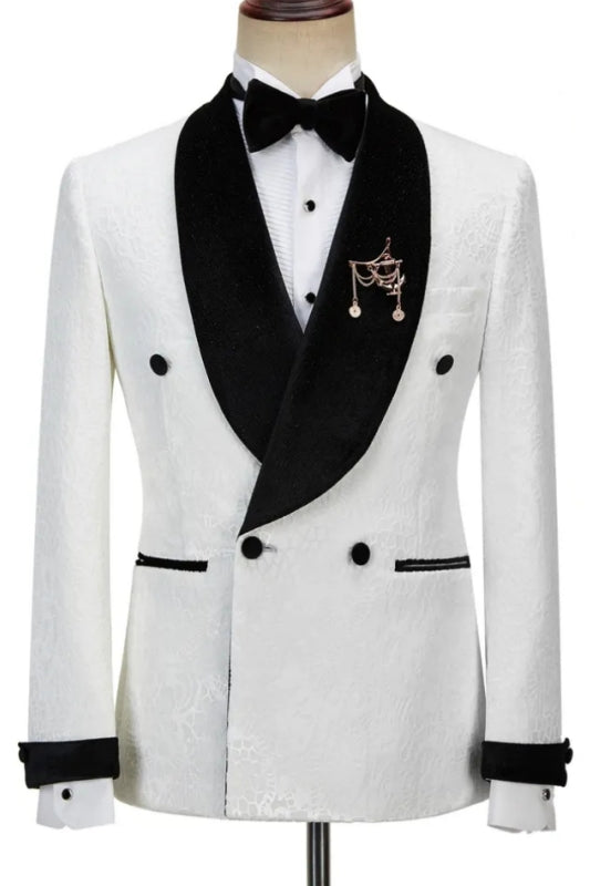 Ted Fancy White Jacquard Double Breasted Wedding Suit with Black Velvet Lapel