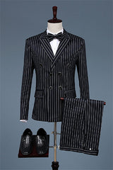 Pete Formal Black Peaked Lapel Double Breasted Striped Business Suit