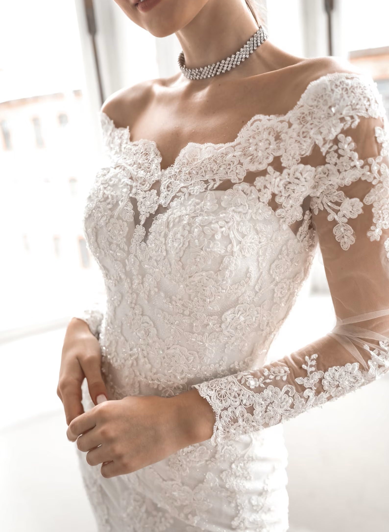 Elegant Lace Long Sleeve Off-Shoulder Bridal Gowns