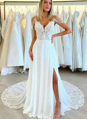 Boho Lace Open Back Wedding Dresses With Slit