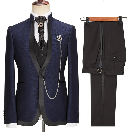 Taylor Navy Blue Jacquard Shawl Lapel 3-Piece New Arrival Wedding Suit