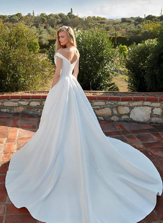 Satin Off-the-Shoulder Ball-Gown Boho Wedding Dresses