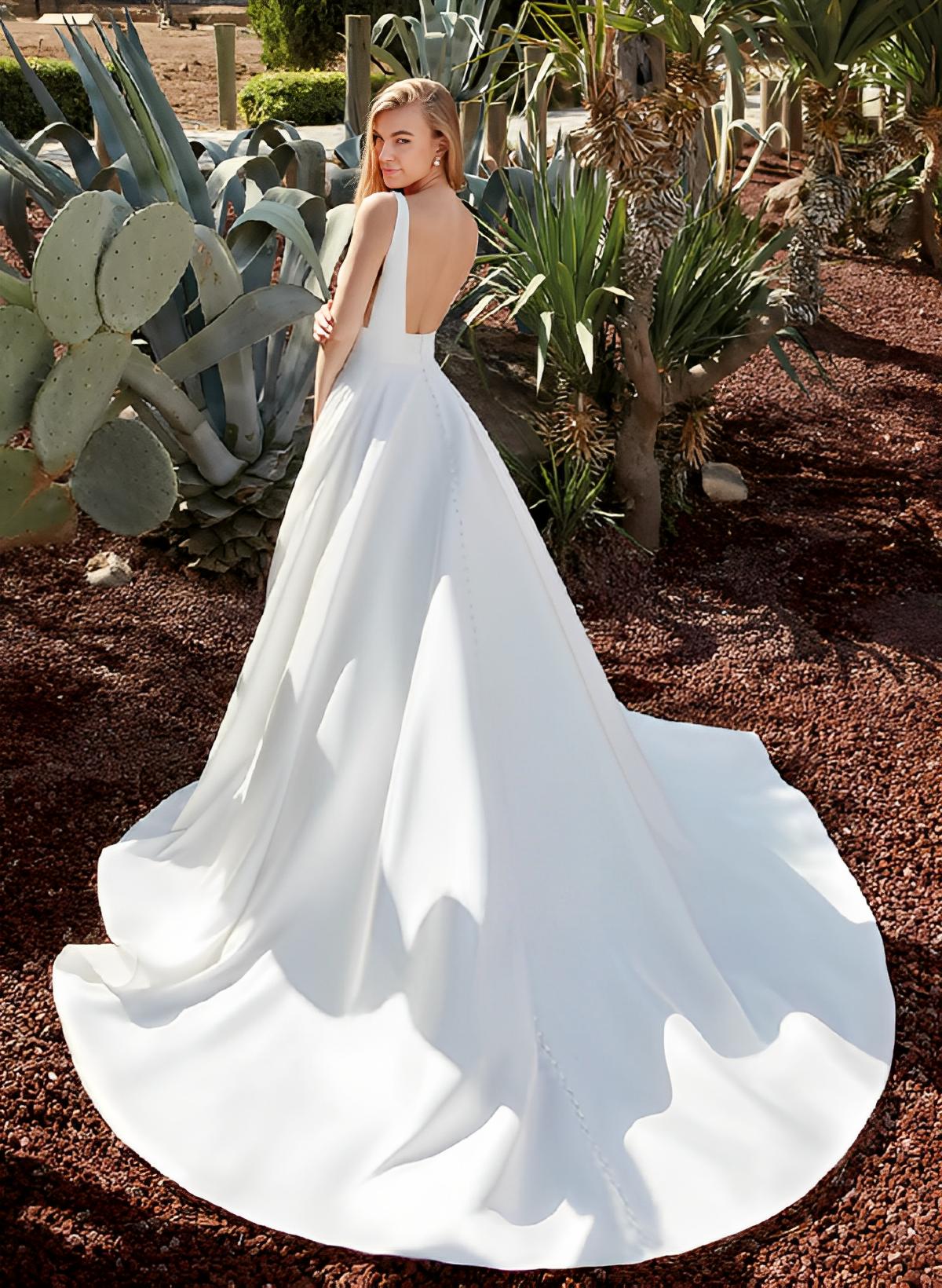 V-neck Satin Wedding Dresses With Open Back