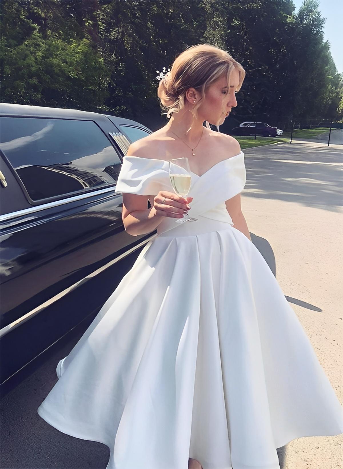 Off-The-Shoulder Sleeveless Satin Tea-Length Wedding Dress