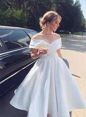 Off-The-Shoulder Sleeveless Satin Tea-Length Wedding Dress