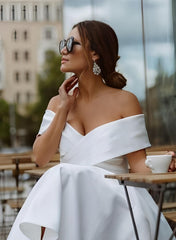 Off-The-Shoulder Sleeveless Satin Tea-Length Wedding Dress