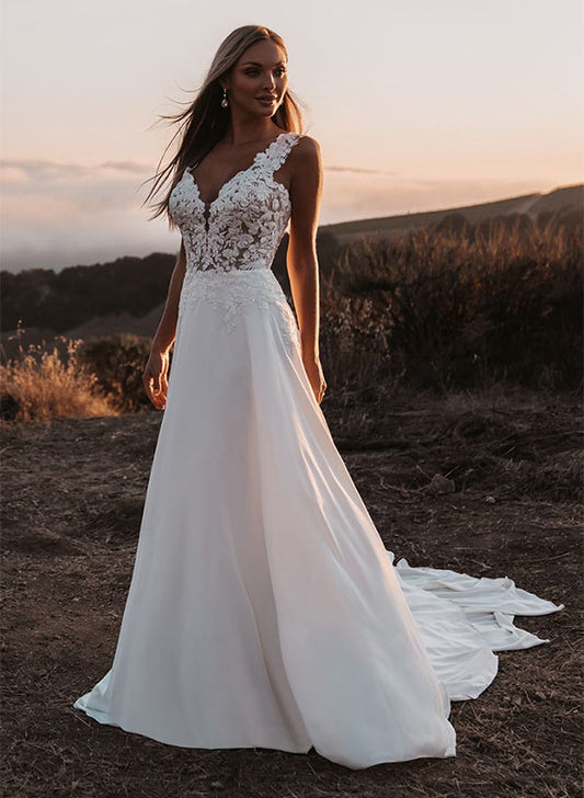 A-Line V-neck Sleeveless Court Train Chiffon/Lace Wedding Dresses With Lace